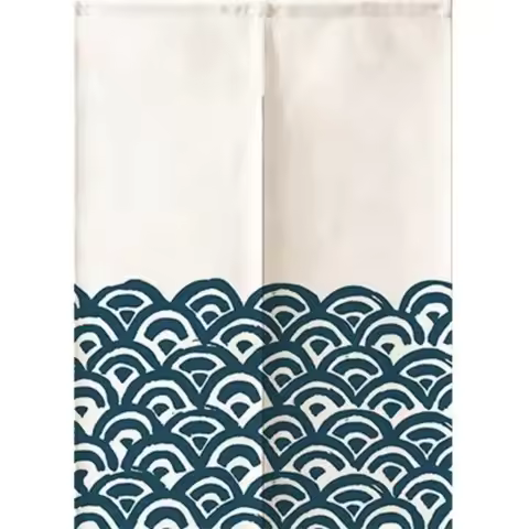 VIKAMA Japanese Wave-Patterned Door Curtain, Half-Length Wave-Patterned Door Curtain, Kitchen Privac