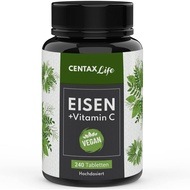 Centax Life Eisen hochdosiert + Vitamin C - 240 VEGAN Eisen Tabletten mit 40 mg Vitamin C, Iron plem