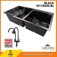 I-BORN Double Bowl Kitchen Sink IB118445-BL (Black) Stainless Steel SUS 304 Under Top Mounted Water Sink Sinki Dapur 洗碗盆