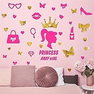 Princess Wall Decals for Girls Bedroom Pink and Gold Acrylic Mirror Wall Stickers Peel and Stick Wall Mural Crown Love Bow Mirror Wall Decor for Kids Baby Nursery Living Room Bathroom Decorations