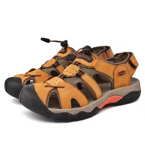 2024 Men Genuine Leather Shoes Men's Sandals Durable Handmade Stitching Close Toe Non Slip Footwear 