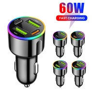 60W Colorful Car Charger Multi Port Car Charger PD30W USB Type C Super Fast Charging Adapter for Car