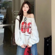 MTMM เสื้อมีฮู้ดผู้หญิง ย้อนยุคอเมริกัน เสื้อสเวตเตอร์เปิดไหล่ผู้หญิง ฤดูใบไม้ร่วงรูปแบบใหม่ oversiz