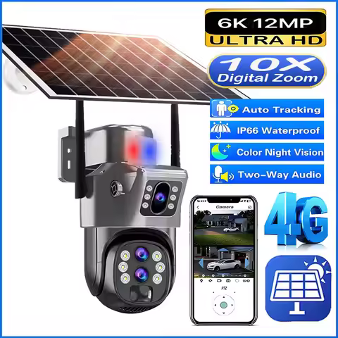 10X Zoom 4G SIM Card Outdoor Solar Camera Three Lens 6K 12MP Wireless PTZ Surveillance CCTV PIR Moti