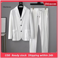 ChicAcces 1 Set Autumn Men Blazer Pants Stripe Pleats Jacket Drawstring Pants Casual Suit for Wedding