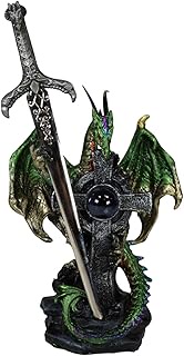 Ebros Gift Legendary Celtic Metallic Green Earth Dragon Holding High Cross with Blue Orb and Draconi