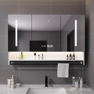 ❤Fast Delivery❤Smart Bathroom Mirror Cabinet Wall-Mounted Single Solid Wood Mirror Cabinet with Light and Fog Removal Toilet Storage Mirror Box with Towel Bar
