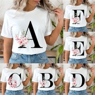 Flower Alphabet Font A To Z 26 Letters Print Summer Casual T-shirts For Women Creative O Neck Short-