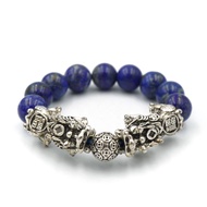 LAPIS LAZULI หินลาพิส ลาซูรี่ ขนาด 12 มม. ประดับปี่เซียะคู่เงินลงยา สร้อยข้อมือหินแท้ by siamonlines