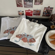 VELIN M-2XL Wanita Kapas Top Korean Bow Cetakan Huruf Santai Oversized Leher Krew Lengan Pendek T-Sh