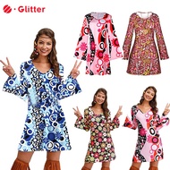 60s 70s Retro Outfit For Woman Disco Floral Hippie Dress with Headband outfits Halloween Party Costu