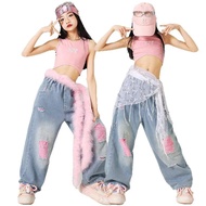 Jazz Dance Performance Costume Girl Kpop Stage Outfit Pink Vest Loose Jeans Summer Fashion Clothes K