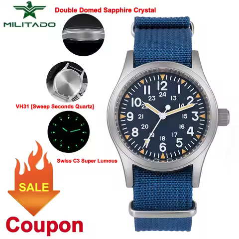 Militado ML05 Vintage Watch VH31/Ronda 515 Quartz Movement Military Field Watches Sapphire Crystal A