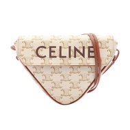 【二手】 CELINE Triomphe 三角迷你單肩包 195902 白色/ブラウンPVC塗層帆布皮革 Triomphe 三角單肩包