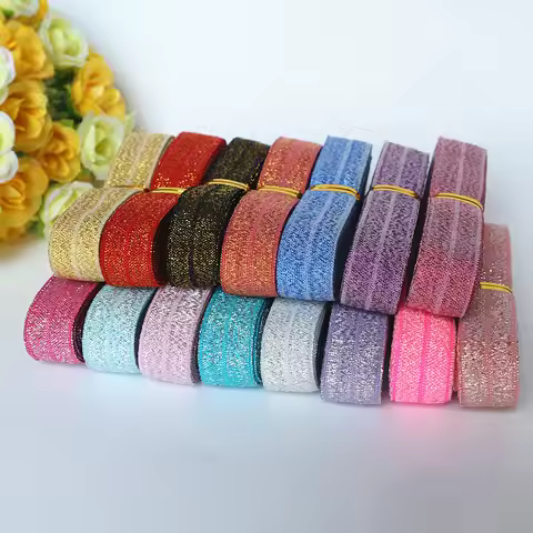 5Yards/Lot 5/8'' 16MM Gold/Silver Glitter Elastic Ribbon Fold Over Elastic FOE Clothing Accessories 