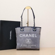 CHANEL 沙灘包購物包小號藍色帆布16開銀扣肩背包