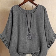 TEMU เสื้อสายสูงคอสตรีมผีเสื้อ คอกลม สีพื้น แขนผีเสื้อ ทรงหลวม ชายระบาย ข้อมือเสื้อ คอกลม [YTD]
