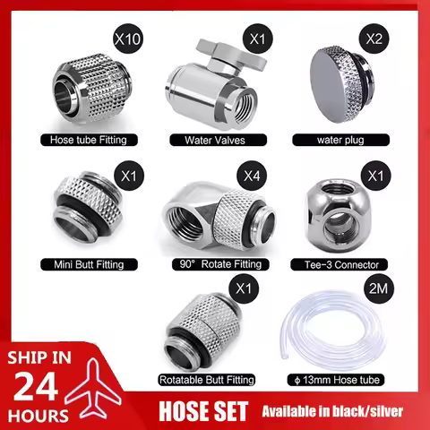 Computer Water Cooling Hose Pipe Fitting Kit, 10*13mm Soft Tubing Connector + Pipe, Black /Silver AI