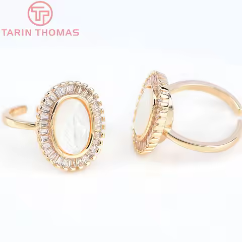 (5950) 15x18.5MM 24K Gold Color Brass and Natural Shell Oval Open Adjustable Size Charms Ring Jewelr