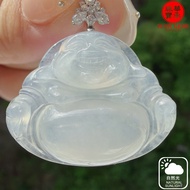 白冰翡翠笑佛，18K AU750白金扣头, 镶嵌莫桑钻，扣头厚大，糯冰种，大件厚装，天然缅甸A货翡翠。