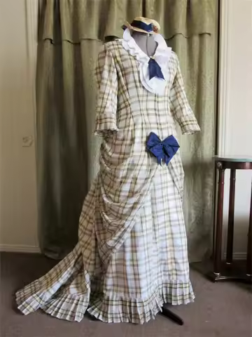 1897s Victorian Edwardian Plaid Bustle Walking Dress Scottish Vintage Colonial Tea Party Ball Gown