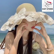 Fashion Beach Hat (Flower Embroidered Chiffon Edge + Luxurious White Bow) Korean Style (T555HATStore