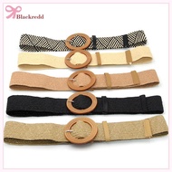 BRED Summer Women Elastic Belt Round Buckle Vintage Boho Straw Woven Belt Dress Belt .