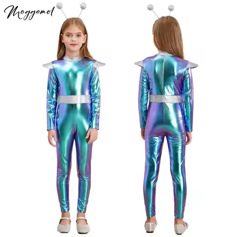 Girls Boys Alien Outerspace Future Robot Cosplay Costume Shiny Metallic Full Length Zentai Jumpsuits