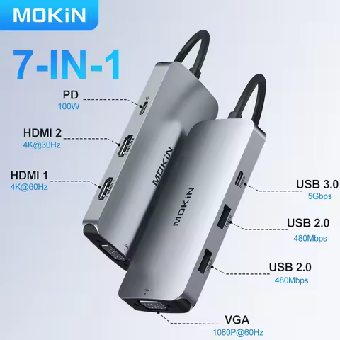 MOKiN USB C Hub Multiport Adapter, 7 in 1 Dual Display USB C Docking Station with 4K HDMI VGA 100W P