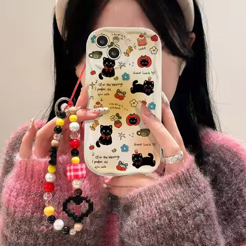 Cute Black Cat Hang Chain Case For Redmi 15 15C Note 14 4G 13 12 PRO 5G Plus 10 8 11S 13C 14C 12C 12
