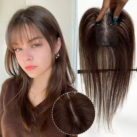 Full Handtied 7x11cm Swiss Lace Base Topper Brown Color with Wispy Bangs 3 Cilps in Hairpieces 10 In