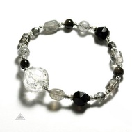 暗夜行者-閃靈鑽原礦.黑髮晶.黑曜岩-純銀設計手鍊