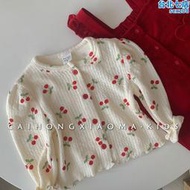 韓國童裝女童寶寶春秋兒童洋派甜美泡泡袖上衣櫻桃薄款打底衫外套