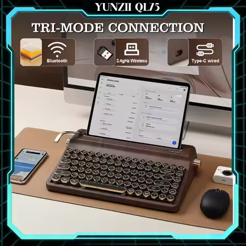 YUNZII QL75 Wood QMK/VIA Mechanical Keyboard, Retro Style RGB Wireless Mechanical Keyboard, Mac/Win
