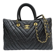 黑色 山形紋 牛皮 两用包 金扣【CHANEL 香奈兒】