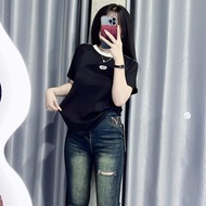 Áo Thun BORIP Dáng Ôm Nữ [Mã B17] Form 35~55kg Viền Tay Chữ Thêu Cotton Mềm Mịn Co Dãn [GIDI]