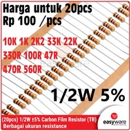 20x Carbon Film Resistor 1/2W 5% 470R 10K 1K 330R 100R 2K2 33K 47R 560R 22K