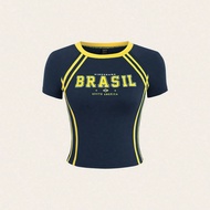 Brazil Football Fan Jersey, Contrasting Trim Crew Neck Short Sleeve Tight-Fit Crop Top