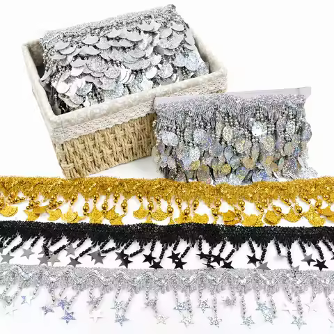 2/5M 85/100mm Sequin Tassel Lace Trim Gold Silver Pendant Fringe for Latin Dance Dress Curtain Trimm