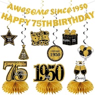11Pcs 75th Birthday Decorations Kit for Men Women, Black Gold Happy 75th Birthday Banner, Awesome Si