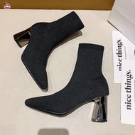 QA1 High Heel Ankle Boots Socks Boots Women Shoes Thick Heel Pointed Socks Boots Elastic Boots Mid R
