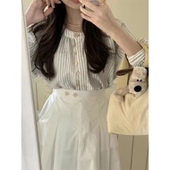 Dpa * t Lace Trim Shirt White Striped Shirt Korean Version Dongdaemun Style Women's Summer Girls Clothes Long-Sleeved Top