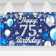 75th Birthday Decor Birthday Decoration Background Happy 75th Birthday Banner Blue Silver Flag Ballo