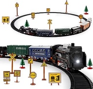 deAO Train Set with Light for Kids, Cargo Cars and Long Track for Boys &amp; Girls Aged 3-12, Train Toys Railway Kits with Signposts &amp; Trees, Electric Train Race Track Playset, Ideal Birthday &amp; Xmas Gifts