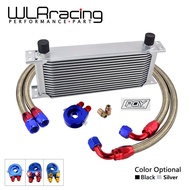 AN10 Universal 16 Rows Transmission Oil Cooler Kit + Oil Filter Sandwich Adapter + Staingless Steel Braided AN10 Fuel Hose