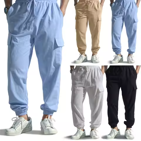 spring Summer linen cargo Long Pants multi-pocket Jogging sports Men's Pants Casual pure color pants