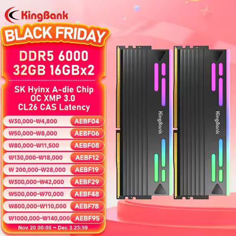 KingBank 32GB DDR5 16GBx2 6000MHz Black RGB Memory Kit Hynix a Die CL26 Overclocking RAM Module for 