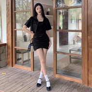 【ใหม่】M-4XL เสื้อผ้าสตรีไซส์ใหญ่ ชุดสองชิ้นสำหรับฤดูร้อน เสื้อคลุมแขนสั้น+เดรสสายรัดไหล่ ทำให้ดูผอม 