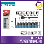 Makita E-14336, 1/4" SQ Dr Impact Socket with 1/4" Hex Socket Adaptor (8pcs Set) Convert Impact Driver to Impact Wrench