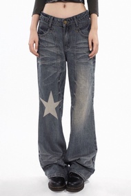 Original Vintage Blue Washed Star กางเกงยีนส์ สูง เอว ขาตรง กางเกงขาม้า การบํารุงรักษาต่ํา เดนิม กาง